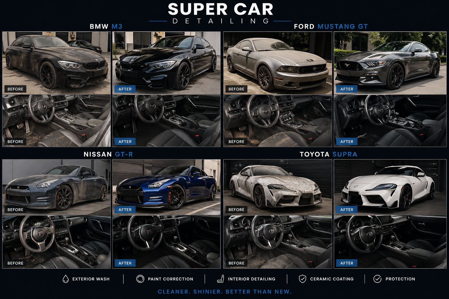 Before and after detailing for BMW, Ford, Nissan, and Toyota